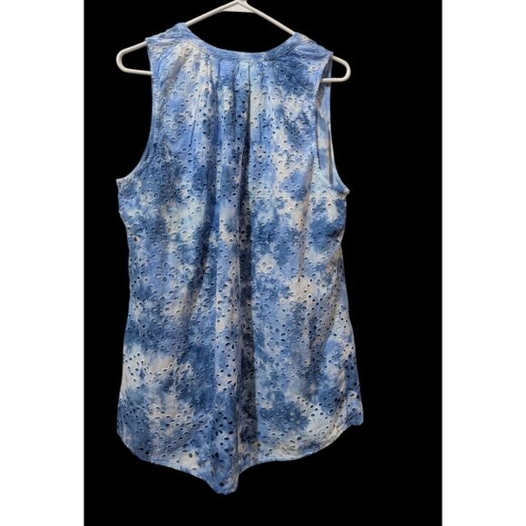 Crown & Ivy Blue & White Tie-Dye Sleeveless Top 1X  With Eyelet Design 100% Cott - Picture 2 of 10